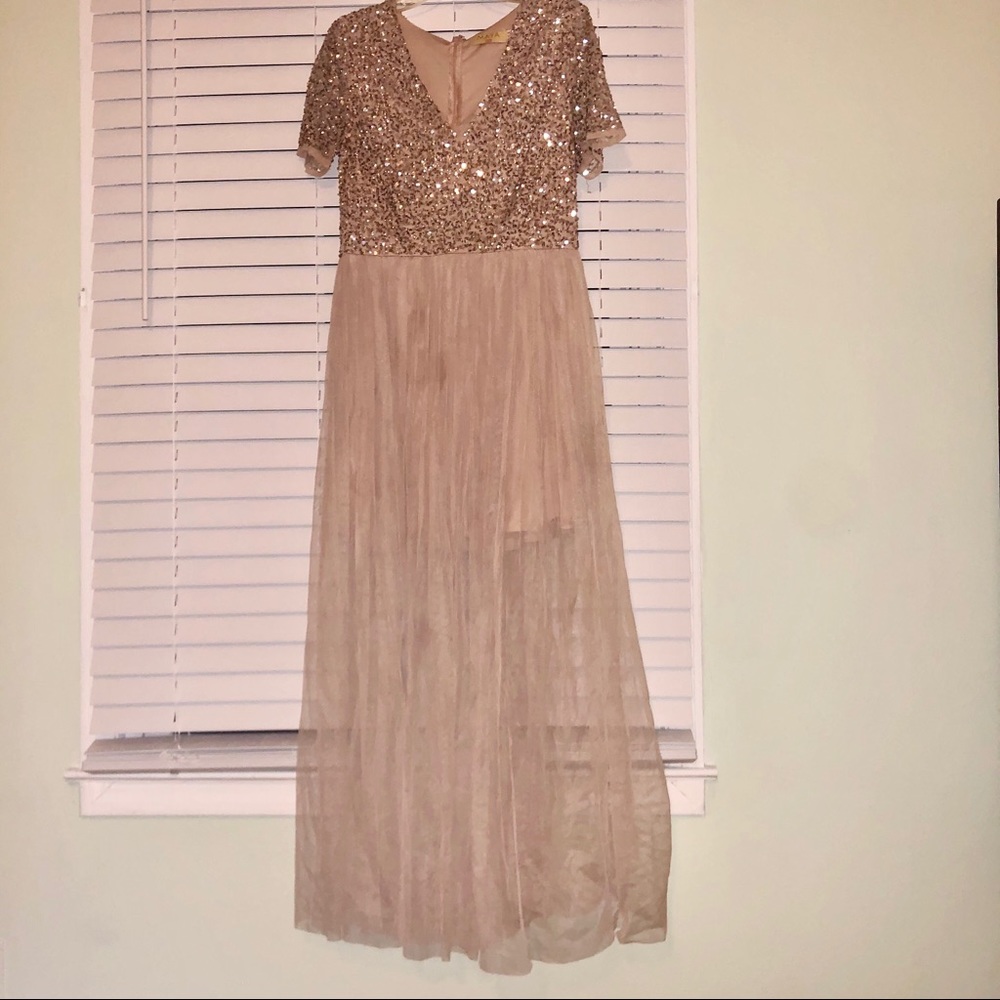 Maya sequin deep v neck top. Sheer bottom gown